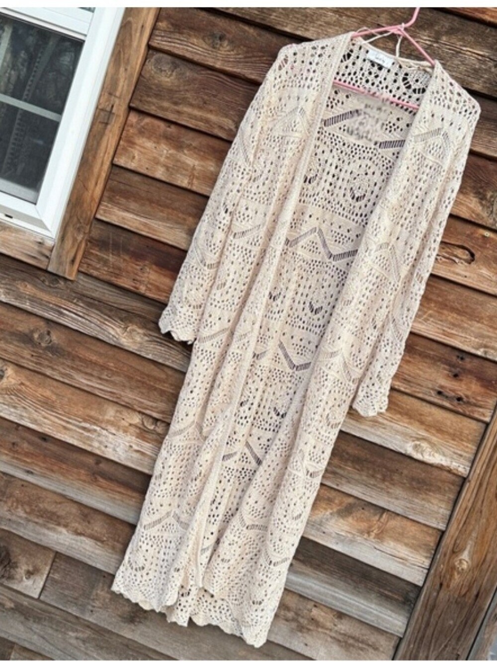 Beige Open-Knit Long Cardigan Sweater